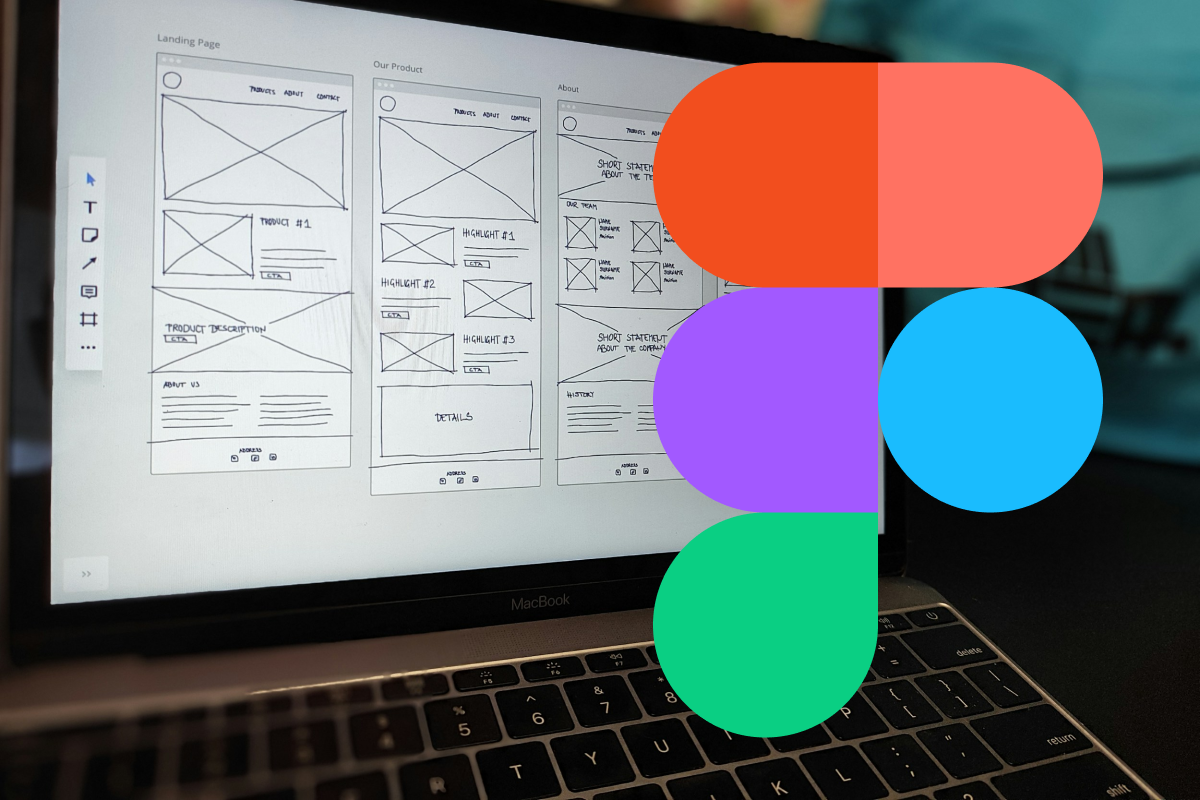 Figma-Logo über Wireframe-Layouts von mobilen App-Oberflächen – digitales UI/UX-Design in der Konzeptionsphase.