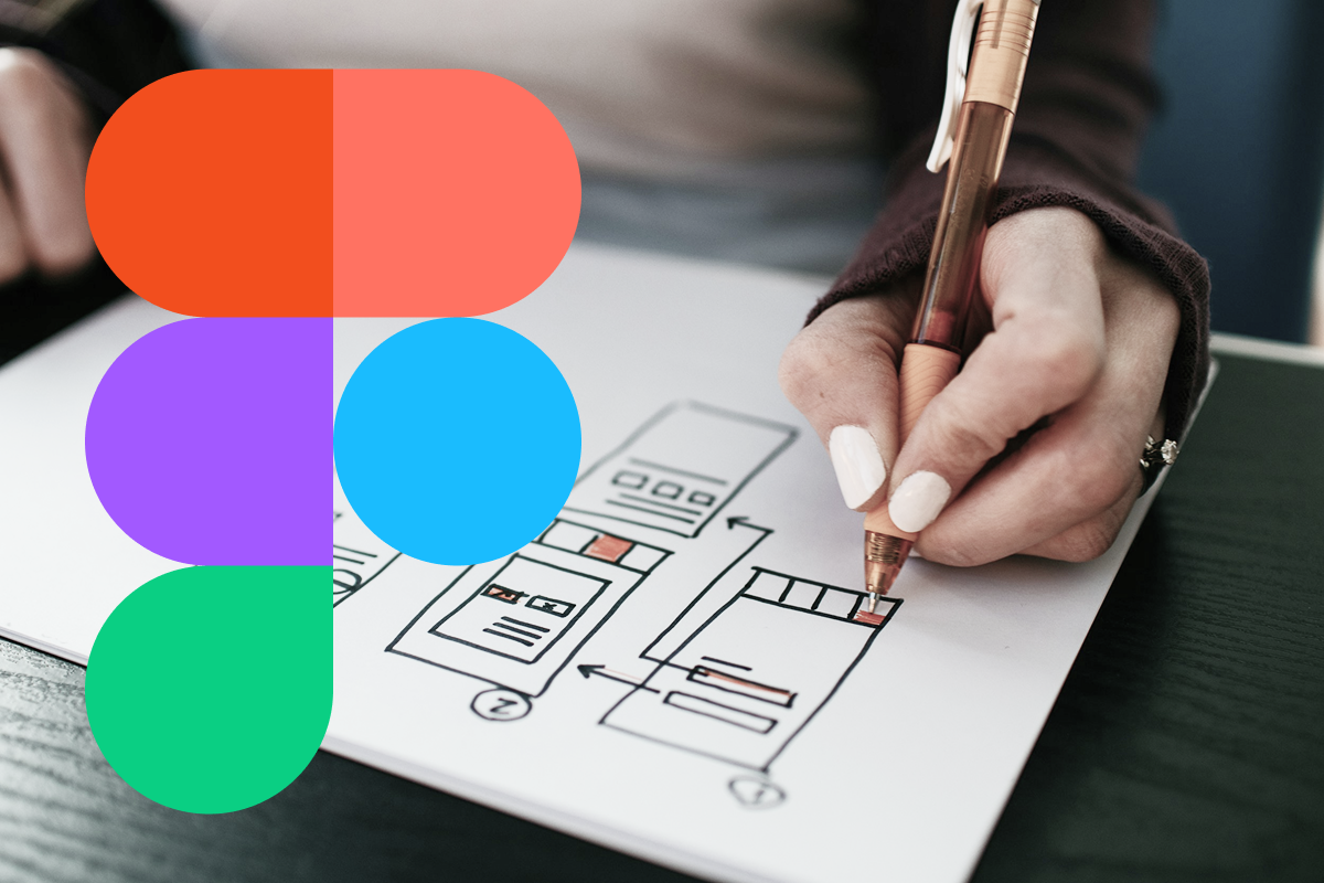 Hand zeichnet ein mobiles App-Wireframe auf Papier mit Stift; das Figma-Logo symbolisiert digitales UI/UX-Design, Prototyping und App-Entwicklung.